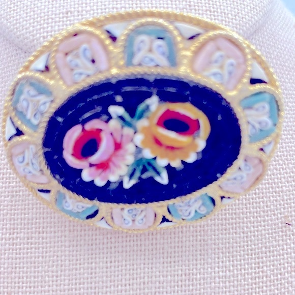 Vintage Signed Italy Gold Toned Micro Mosaic Pin Black,Yellow,Pink,Red & Green - Picture 2 of 6